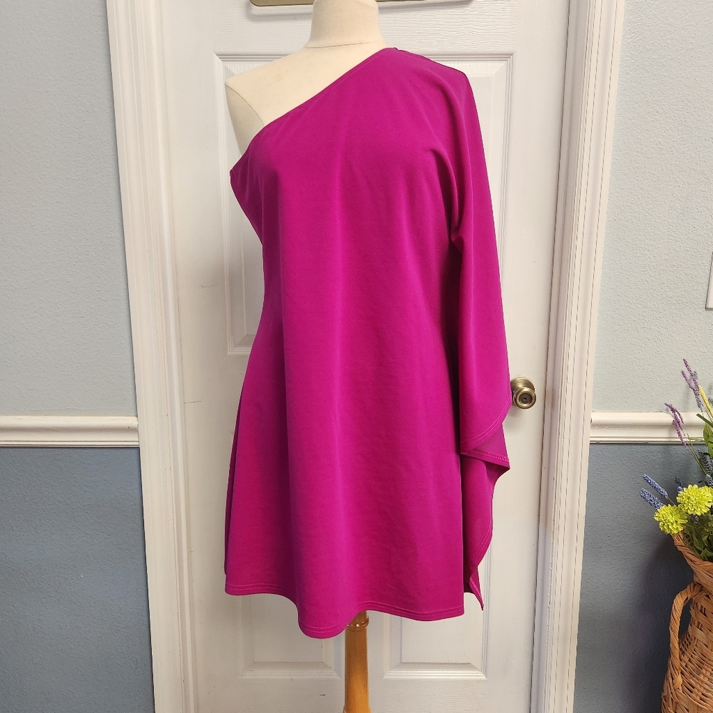 One-Shoulder Cape Mini Dress in Fuchsia
